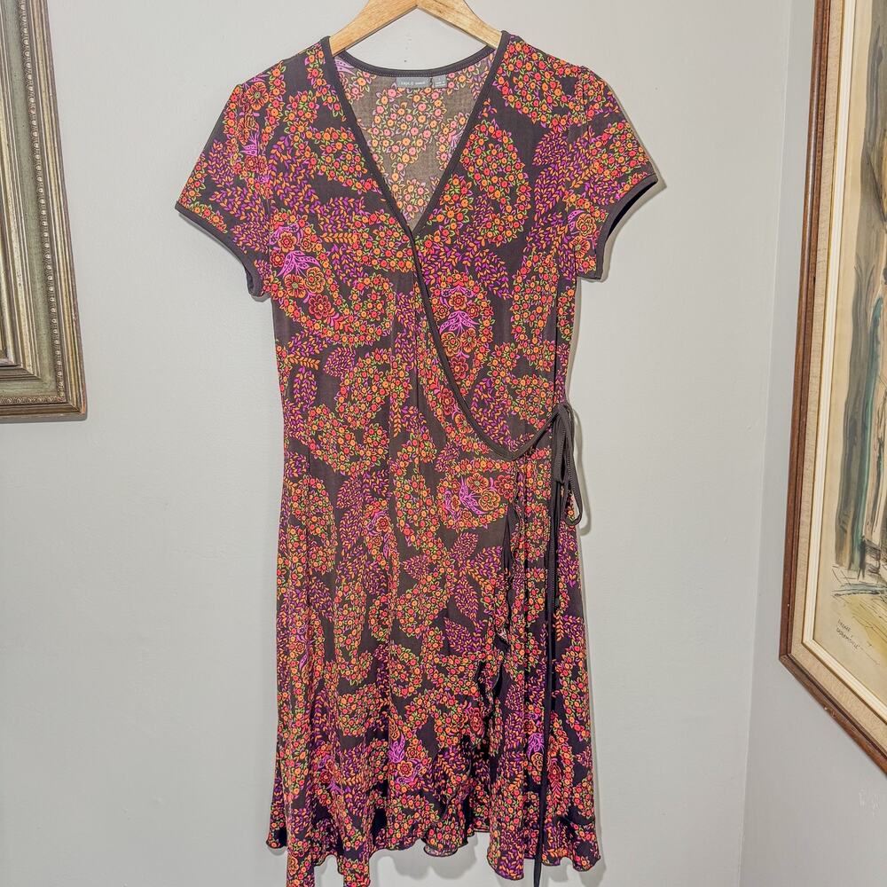 Vintage Apt. 9 Paisley Floral Short Sleeve Wrap Dress Brown Orange Size Large